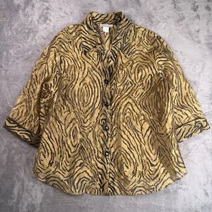 Dressbarn Sheer Tiger Button Blouse Women's 18/20 1X Gold Black Lightweight Y2K